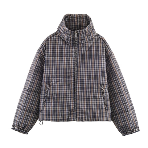 Dames Gewatteerde Jas Met Ruitjes Opstaande Kraag Rits Retro Streetwear Polyester Puffer Losse Lange Mouwen Bovenkleding