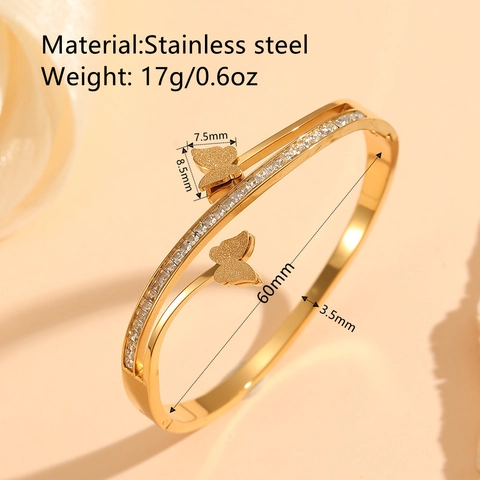 Butterfly Double Layer Bracelet For Women Stainless Steel Zirconia Inlaid Matte Texture Elegant Bangle Jewelry Accessory