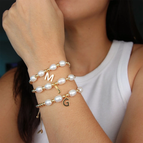Freshwater Pearl Bracelet With 18K Gold Plated Copper Beads Initial Letter Pendant Adjustable Baroque Jewelry Women