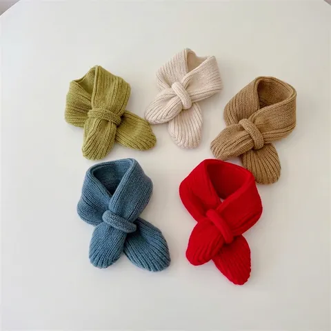 Soft Warm Baby Knit Scarf Solid Color Woolen Yarn Cross Design Winter Neck Warmer For Infant Toddler Girls Boys Accessories