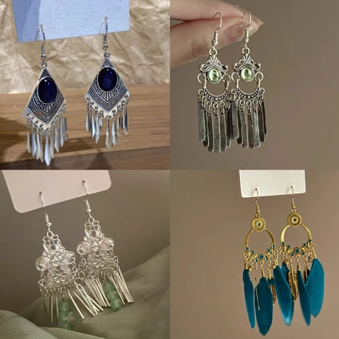 Bohemian Ethnic Tassel Dangle Earrings Vintage Jhumka Peacock With 925 Sterling Silver Earring Post For Women