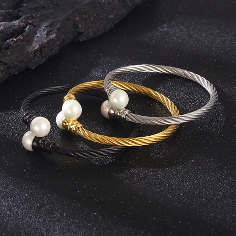Bracciale A Cavo Torsolo In Acciaio Inossidabile Polsino Aperto Con Estremità In Perla Artificial Gioiello Unisex Minimalista