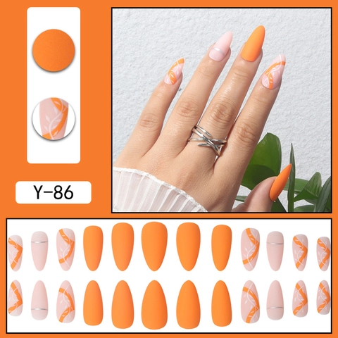 Matte Oranje En Roze Press-On Nagels Lange Amandelvorm Met Witte Rankpatronen En Zilveren Lijnen Elegante Kunstnagels