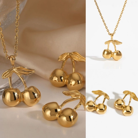 Bijoux Collier Et Boucles D'oreilles En Forme De Cerise En Acier Inoxydable Plaqué Or Design Fruit Élégant Mode Femme