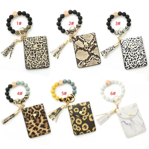 Mode Silikon Perlen Armband Schlüsselanhänger Für Damen PU Leder Kartenhalter Brieftasche Quaste Sonnenblume Leopard Marmor Muster