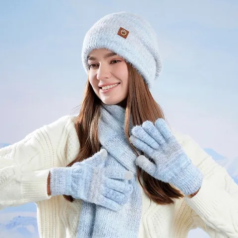 Winter Knitted Hat Scarf And Touchscreen Gloves Women Ombre Gradient Polyester Thermal Outdoor Windproof Warm Accessory