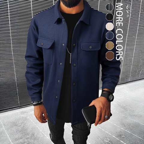 Men Wool Like Shacket Jacket Collared Button Down Long Sleeve Casual Workwear Double Pockets Streetwear Solid Plain