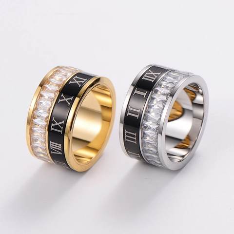 Anillo De Banda Números Romanos Acero Inoxidable 304 Circonia Baguette Esmalte Negro Punk Hip Hop Moda Unisex