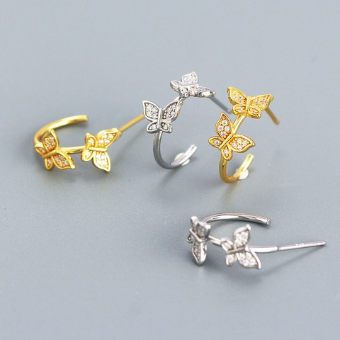 Orecchini A Lobo A Forma Di C Con Farfalla E Perno In Argento Sterling 925 Zirconia Cubica Gioielli Alla Moda Per Donna