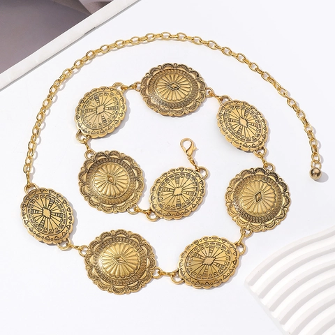 Vintage Bohemian Metal Chain Belt For Women Engraved Sun Flower Concho Adjustable Waist Chain Fashion Accessories