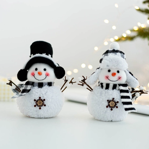 Poupée En Peluche Bonhomme De Neige De Noël Ornement Décoratif De Table Cadeau Écharpe Chapeau À Carreaux Noir Blanc Bras De Branche