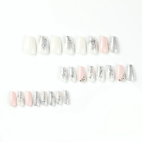 Uñas Postizas a Presión Con Bloque de Color Rosa Blanco Con Purpurina Plateada y Estrás Uñas de Bailarina Para Mujer Decoración