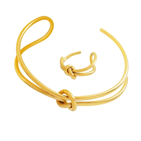 Minimalistisches Knoten Armband Und Ring Titanstahl 18K Vergoldet Zweilagig Verdreht Offen Verstellbar Schmuck Damen