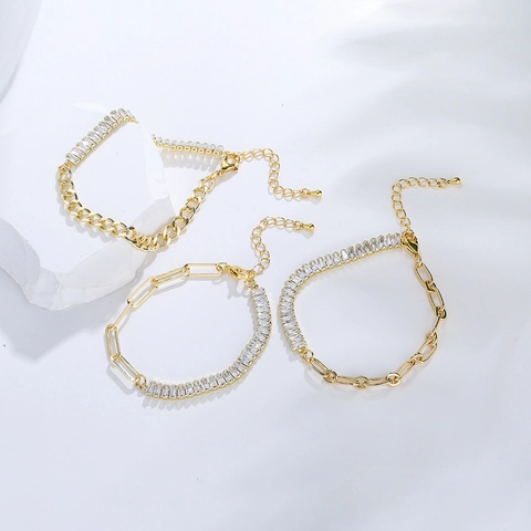 Baguette Cubic Zirconia Patchwork Bracelet Gold Plated Copper Geometric Paperclip Chain Jewelry For Women