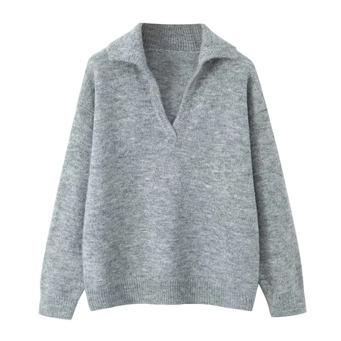 Maglione Da Donna In Maglia Di Poliestere Colletto Polo A Revers Scollo A V Maniche Lunghe Vestibilità Ampia Tinta Unita Moda Casual