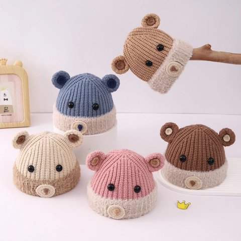 Berretto In Maglia Per Bambini Acrilico Bordo In Pelliccia Sintetica Orecchie Da Orso Caldo Inverno