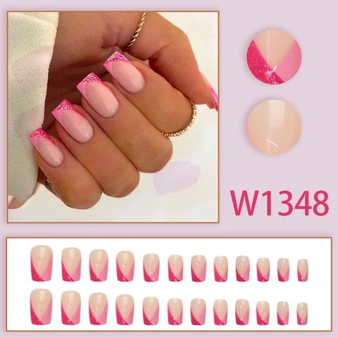 French Tip Press On Nails Square Pink With Glitter Glossy Fake Nails Artificial Fingernails For Women