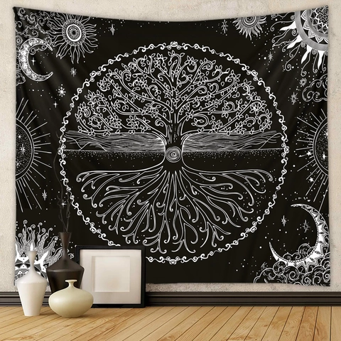 Arazzo Da Parete Poliestere Albero Della Vita Mistico Astrologia Zodiaco Mandala Boho Gotico Decorazione Camera Da Letto