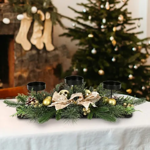 Christmas Candlestick Table Centerpiece Artificial Pine Greenery Gold Balls Pine Cones Ribbon Bow Holiday Desktop Decor