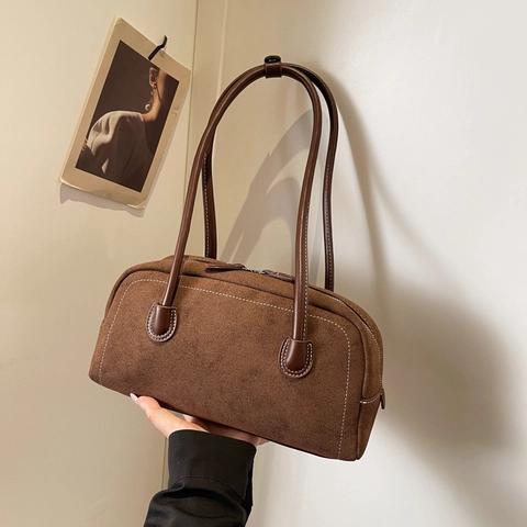 Bolso De Hombro Vintage Efecto Gamuza Costuras En Contraste Gran Capacidad Bolso De Axila Boston Retro Simple De Mano