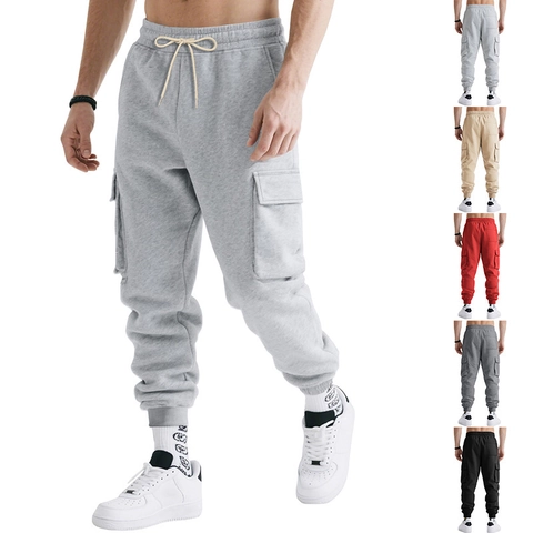 Men's American Heavyweight Cargo Joggers Loose High Street Sporty Sweatpants With Multi Pockets Polyester Drawstring Casual Trousers
