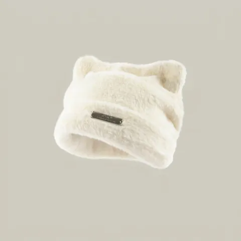 Women Cute Cat Ear Beanie Hat Faux Fur Knitted Warm Winter Skull Cap With Metal Label Trendy Soft Thick Plush