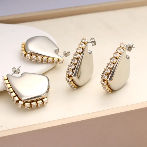 Stainless Steel Geometric Irregular Hollow Hoop Earrings For Women Gold Silver Rhinestone Inlaid Fashion Jewelry Gift