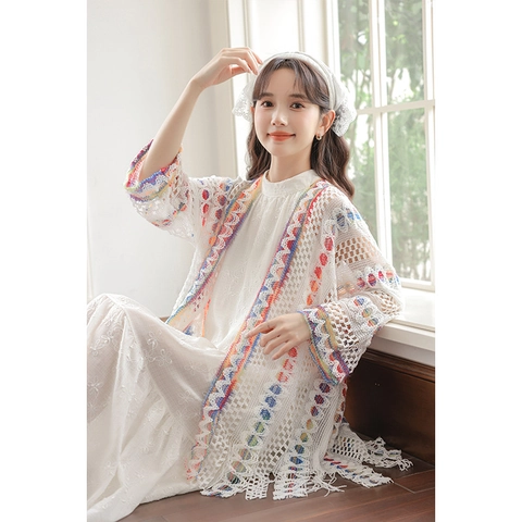 Bohemian Crochet Knit Poncho For Women Ethnic Colorful Tassel Open Front Cardigan Shawl Cape For Vacation Summer Beach Holiday