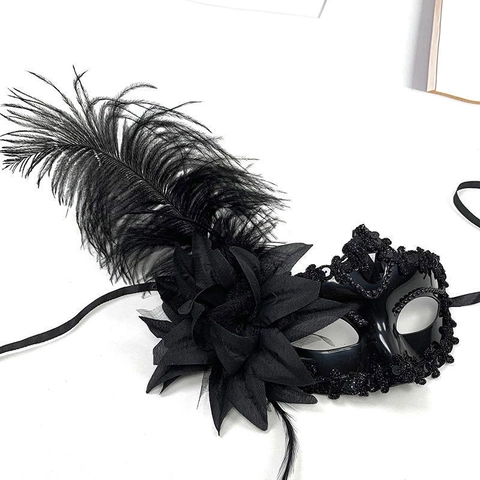 Masquerade Mask For Women Half Face Feather Princess With Ostrich Feathers And Fabric Flower Vintage Halloween Costume