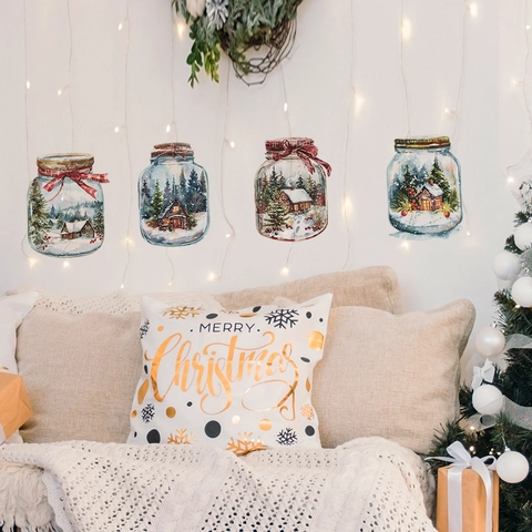 Kerst Muurstickers PVC Verwijderbaar Zelfklevend Winter Sneeuwscène Hut Mason Jar Feestelijke Huis Venster Decoratie