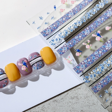 5D Reliëf Nagelstickers Retro Floraal Blauw Vogel Ontwerp Zelfklevende Manicure Decals DIY Nail Art Decoratie