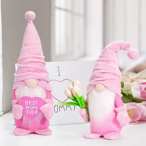 Mother's Day Pink Gnome Faceless Plush Doll With Heart Tulip Best Mom Ever Sign Home Decoration Table Ornament Gift