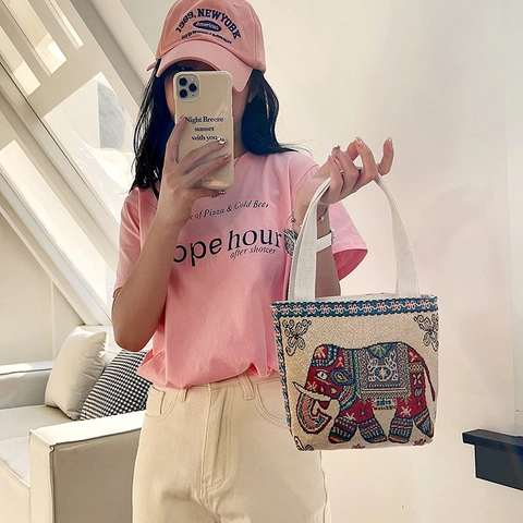 Ethno Gestickte Canvas Handtasche Vintage Jacquard Elefant Katze Blumen Umhängetasche Lässige Kleine Reißverschluss Reisetasche Für Damen