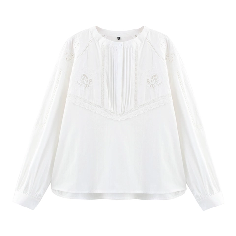 Damen Weiß Baumwolle Stickerei Hohl Spitze Langarmshirt Und Shorts Elegant Casual Streetwear Kleidung
