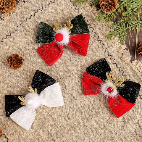 Mollette Per Capelli Con Corna Di Renna Fiocco Di Velluto Glitterato Con Pon Pon E Strass Per Festa Di Natale Copricapo Festivo