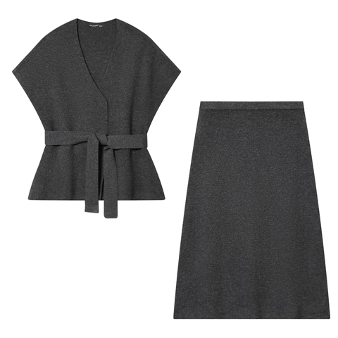 Completo In Maglia Donna Top Incrociato Scollo A V E Gonna Maxi Grigio Scuro Elegante Casual