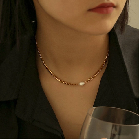 Collana con Pendente in Perla Artificiale Barocca Boho per Donna Lega Oro Argento Catena Cubana Gioielli Minimalisti