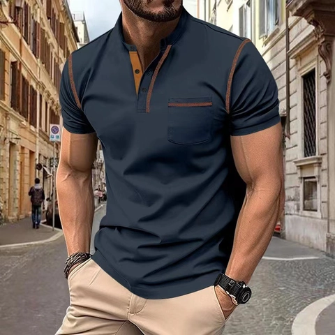 Heren Zomer Korte Mouw Poloshirt Casual Henley-hals Top Met Contraststiksel Borstzak Ademend Tee Voor Heren