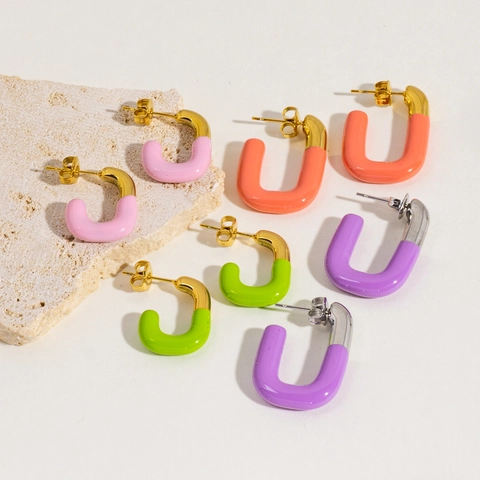Geometric U-Shaped Enamel Stainless Steel Hoop Earrings For Women Candy Color Fashion Drip Oil Jewelry Gift