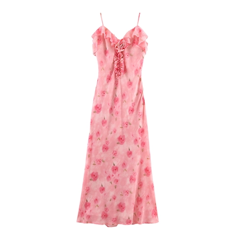 Vestito Maxi Floreale In Chiffon Stampa Rose Con Volant Fiore 3D Spalline Sottili Slim Fit Elegante Dolce
