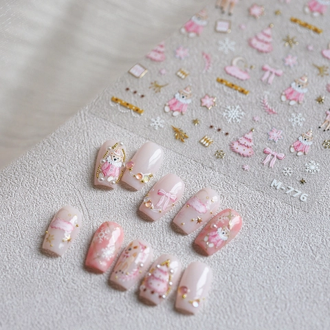 Autocollants Ongles 3D Relief Noël Bronze Doré Rose Hiver Ours Renne Flocon Neige Stickers Manucure Auto Adhésifs