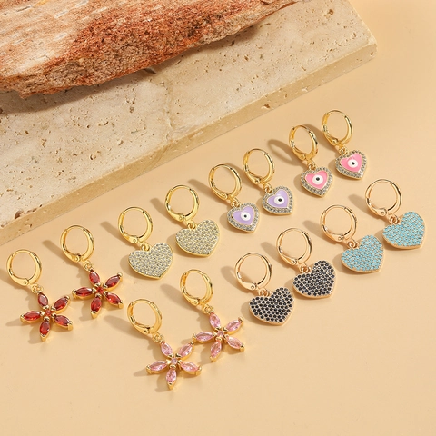 Vintage Gold Plated Copper Heart Flower Hoop Earrings Rhinestone Enamel Evil Eye Design Earrings For Women Trendy Jewelry