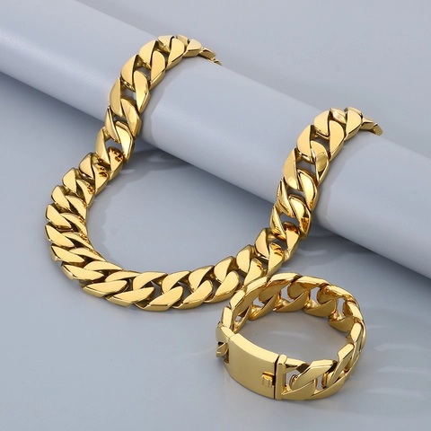Collana E Bracciale Catena Cubana Pesante Hiphop Acciaio Inossidabile Metallo Massiccio Gioielli Lucidi Da Uomo