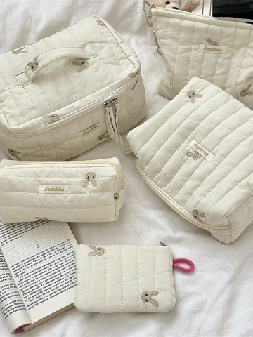 Quilted Cotton Cosmetic Bag With Rabbit Embroidery Portable Makeup Pouch Storage Case For Women Cute Soft