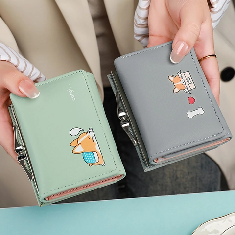 Women Short Wallet PU Leather Trifold Kiss Lock Cute Cartoon Corgi Print Compact Multi Slot Card Holder Coin Purse