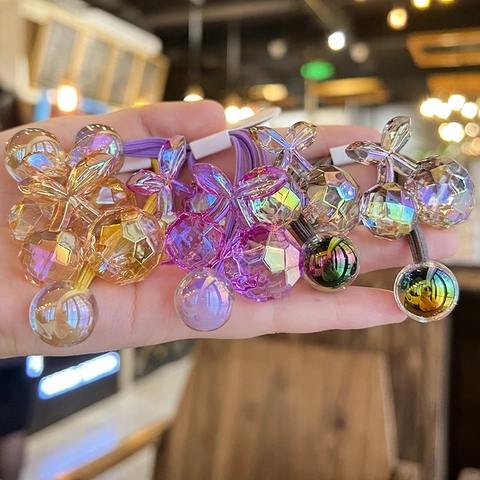 Iridescent Cherry Hair Ties Acrylic Crystal Elastic Ponytail Holders Korean Style Sweet Accessories For Kids Girls