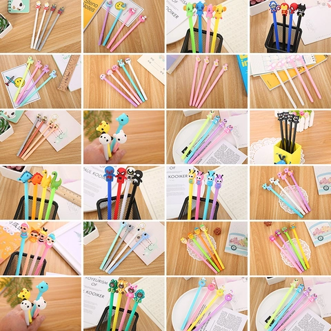 Cute Cartoon Gel Pens With Silicone Toppers 0.5mm Black Ink Refillable Plastic Writing Pens For Students School Office