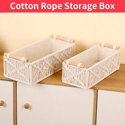 Aufbewahrungskorb Baumwollseil Geflochten Mit Holzgriffen Stofffutter Boho Schreibtisch Organizer Box Badezimmer