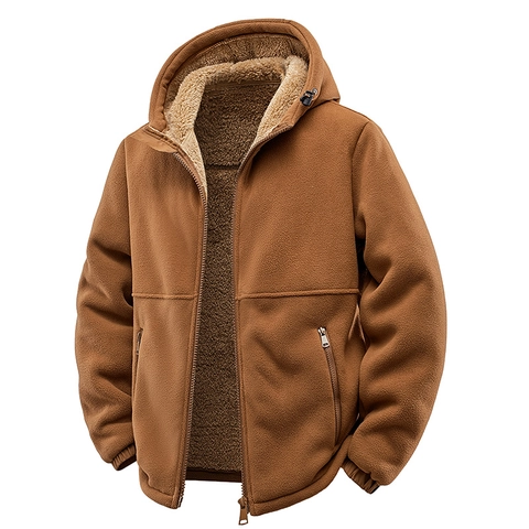 Men Hooded Fleece Jacket Warm Sherpa Lined Winter Coat Full Zip Polar Fleece Outerwear Loose Casual Hooded Sweatshirt For Men