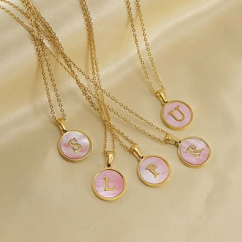 Halsketting Met Initiaal Hanger 18K Verguld Roestvrij Staal Roze Kunstparelmoer Schelp Ronde Sleutelbeinketting Voor Dames